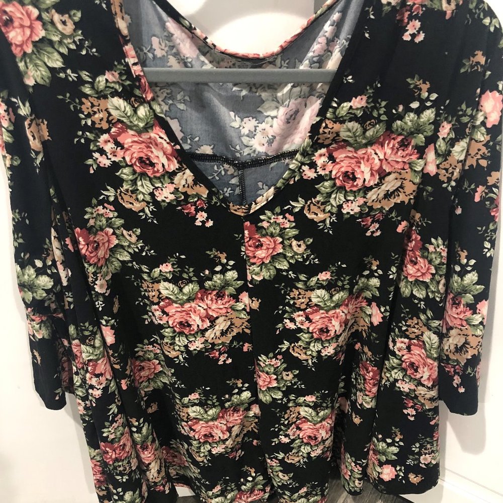 Black and Floral V neck Shirt
